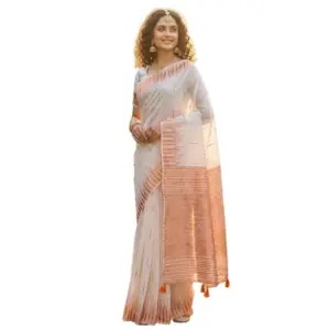 Women's Linen Cotton Printed Saree with Blouse – White