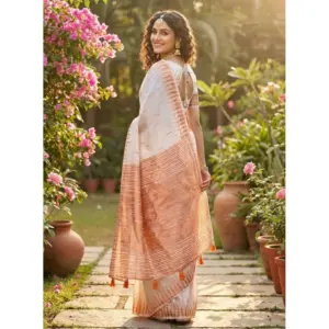 Women's Linen Cotton Printed Saree with Blouse – White