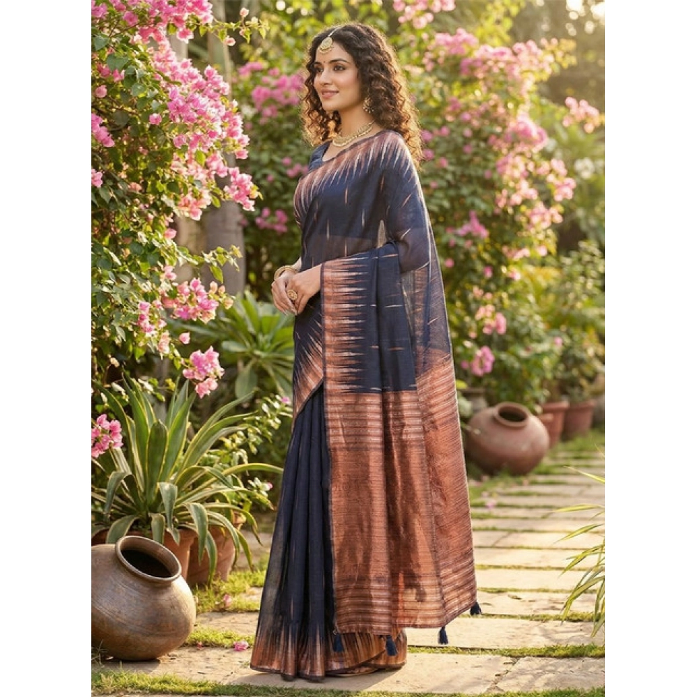 Women's Linen Cotton Printed Saree with Blouse – Navy Blue