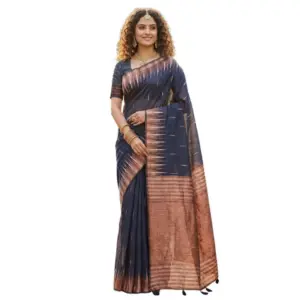 Women's Linen Cotton Printed Saree with Blouse – Navy Blue