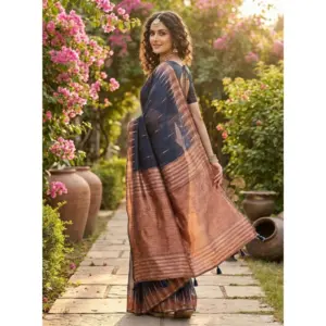 Women's Linen Cotton Printed Saree with Blouse – Navy Blue
