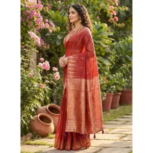 Women's Linen Cotton Printed Saree with Blouse – Red