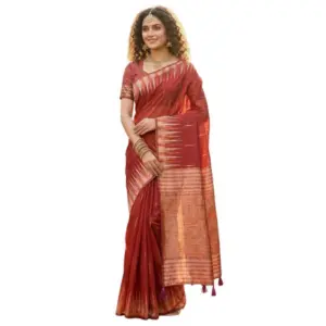 Women's Linen Cotton Printed Saree with Blouse – Red