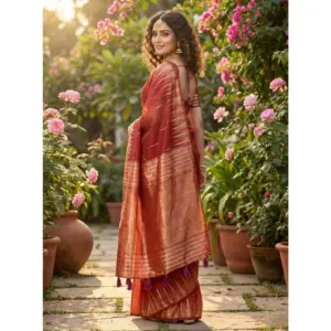 Women's Linen Cotton Printed Saree with Blouse – Red