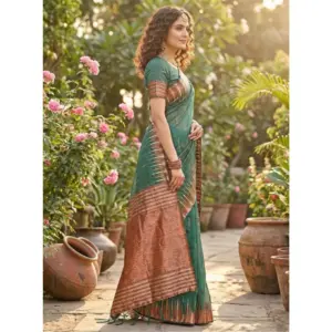 Women's Linen Cotton Printed Saree with Blouse – Green