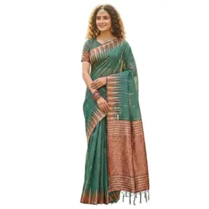 Women's Linen Cotton Printed Saree with Blouse – Green