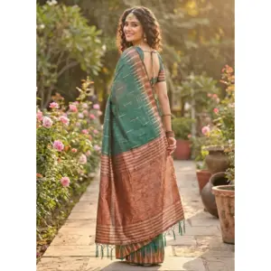 Women's Linen Cotton Printed Saree with Blouse – Green