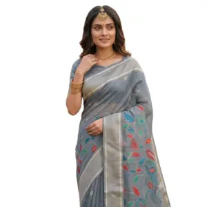 Women's Linen Cotton Floral Embroidered Saree with Blouse – Gray