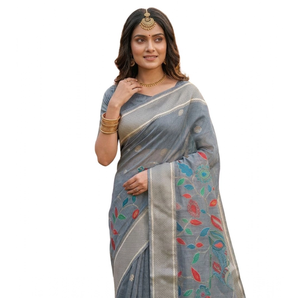 Women's Linen Cotton Floral Embroidered Saree with Blouse – Gray