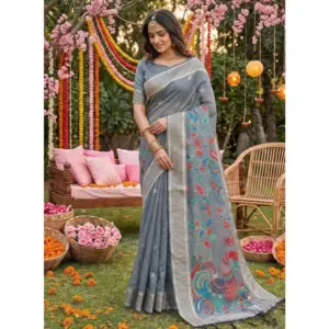 Women's Linen Cotton Floral Embroidered Saree with Blouse – Gray