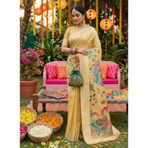 Women's Linen Cotton Floral Embroidered Saree with Blouse – Yellow