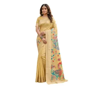 Women's Linen Cotton Floral Embroidered Saree with Blouse – Yellow