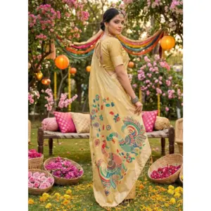 Women's Linen Cotton Floral Embroidered Saree with Blouse – Yellow