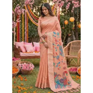 Women's Linen Cotton Floral Embroidered Saree with Blouse – Peach