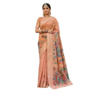 Women's Linen Cotton Floral Embroidered Saree with Blouse – Peach
