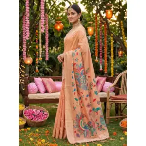 Women's Linen Cotton Floral Embroidered Saree with Blouse – Peach