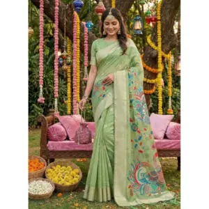 Women's Linen Cotton Floral Embroidered Saree with Blouse – Light Green