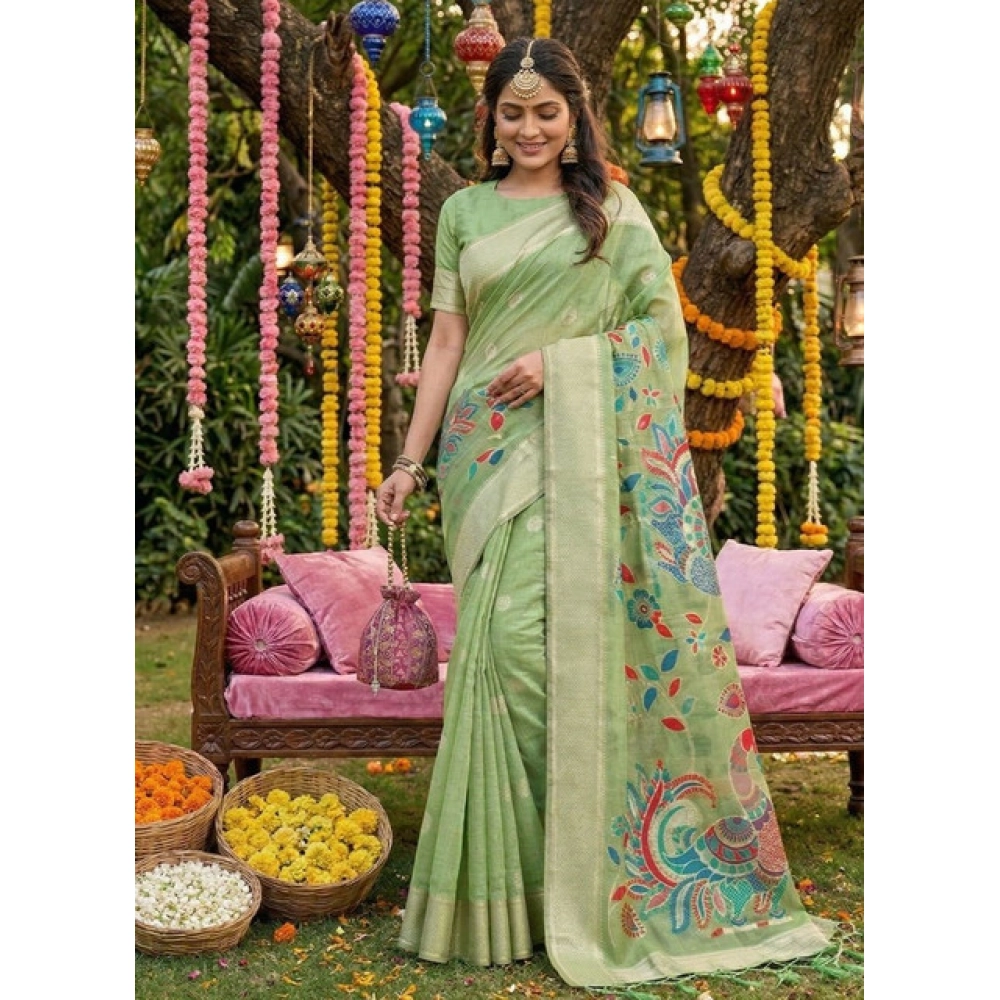 Women's Linen Cotton Floral Embroidered Saree with Blouse – Light Green