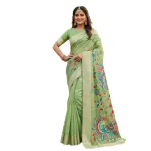 Women's Linen Cotton Floral Embroidered Saree with Blouse – Light Green
