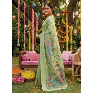 Women's Linen Cotton Floral Embroidered Saree with Blouse – Light Green