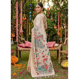 Women's Linen Cotton Floral Embroidered Saree with Blouse – Cream