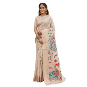 Women's Linen Cotton Floral Embroidered Saree with Blouse – Cream