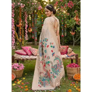 Women's Linen Cotton Floral Embroidered Saree with Blouse – Cream