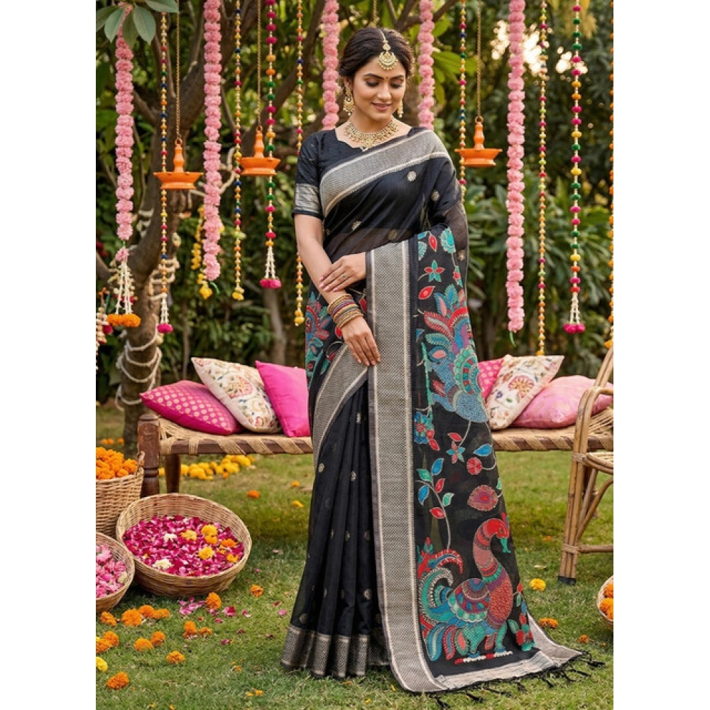 Women's Linen Cotton Floral Embroidered Saree with Blouse – Black