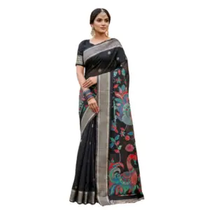 Women's Linen Cotton Floral Embroidered Saree with Blouse – Black