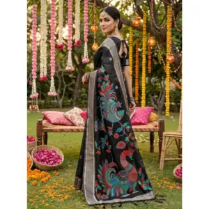 Women's Linen Cotton Floral Embroidered Saree with Blouse – Black