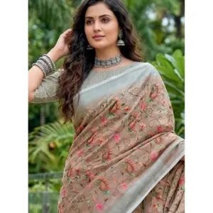 Women's Linen Floral Embroidered Saree with Blouse – Brown