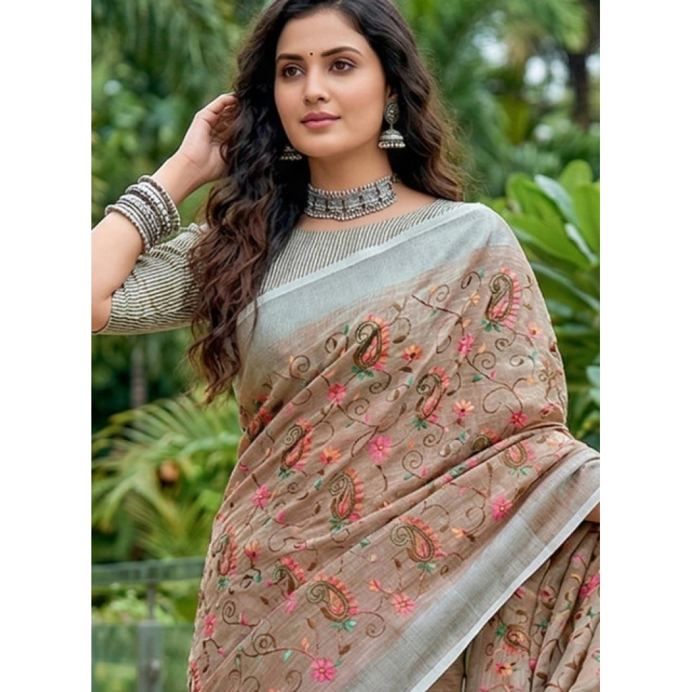 Women's Linen Floral Embroidered Saree with Blouse – Brown
