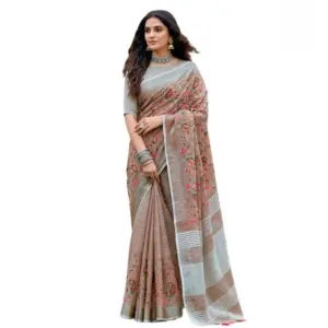 Women's Linen Floral Embroidered Saree with Blouse – Brown