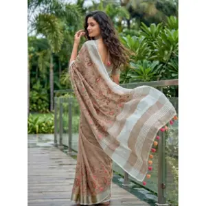 Women's Linen Floral Embroidered Saree with Blouse – Brown