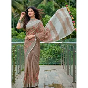 Women's Linen Floral Embroidered Saree with Blouse – Brown