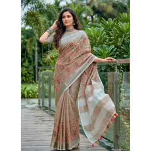 Women's Linen Floral Embroidered Saree with Blouse – Brown