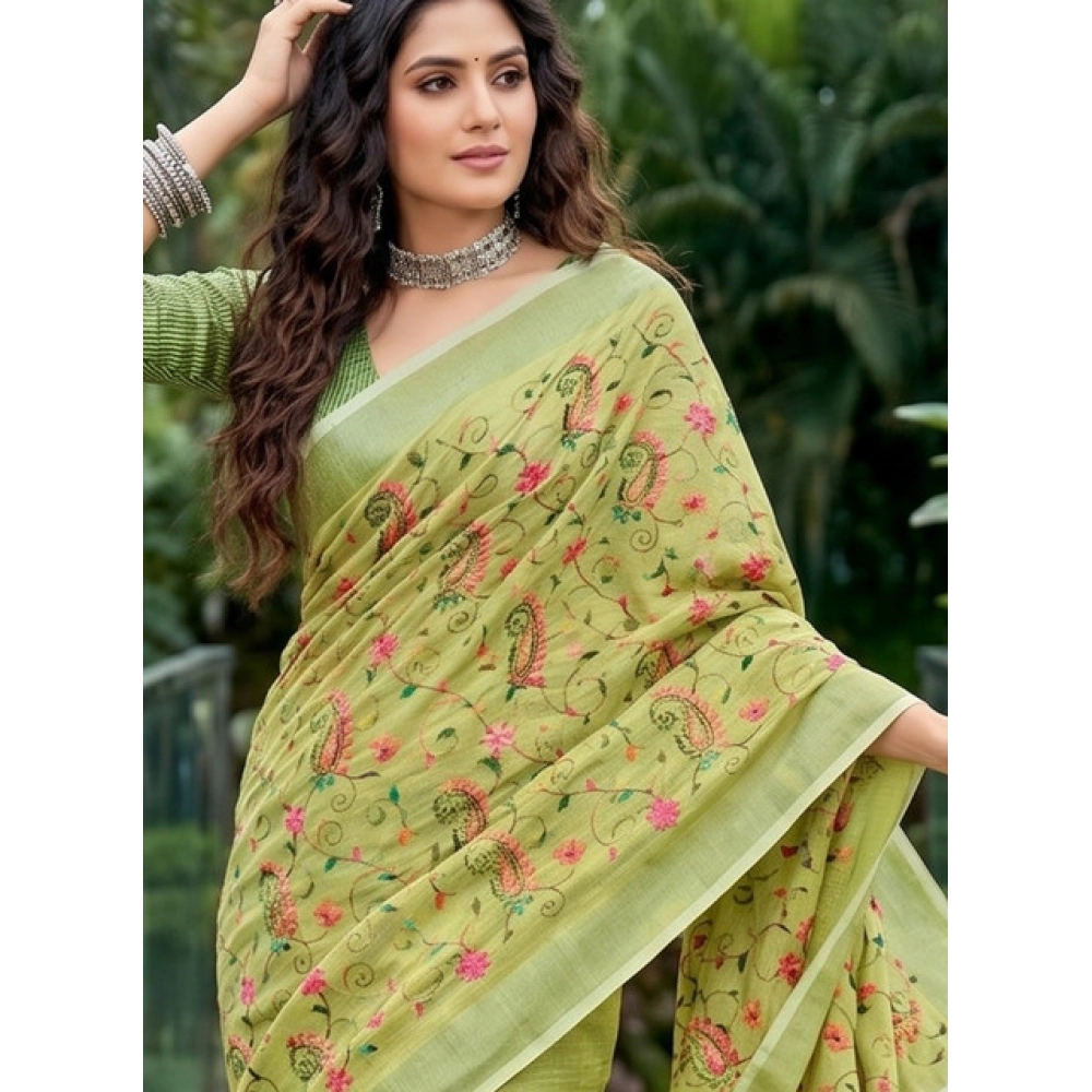 Women's Linen Floral Embroidered Saree with Blouse – Light Green