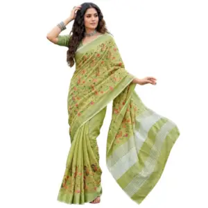 Women's Linen Floral Embroidered Saree with Blouse – Light Green