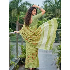 Women's Linen Floral Embroidered Saree with Blouse – Light Green
