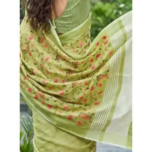 Women's Linen Floral Embroidered Saree with Blouse – Light Green