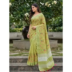 Women's Linen Floral Embroidered Saree with Blouse – Light Green