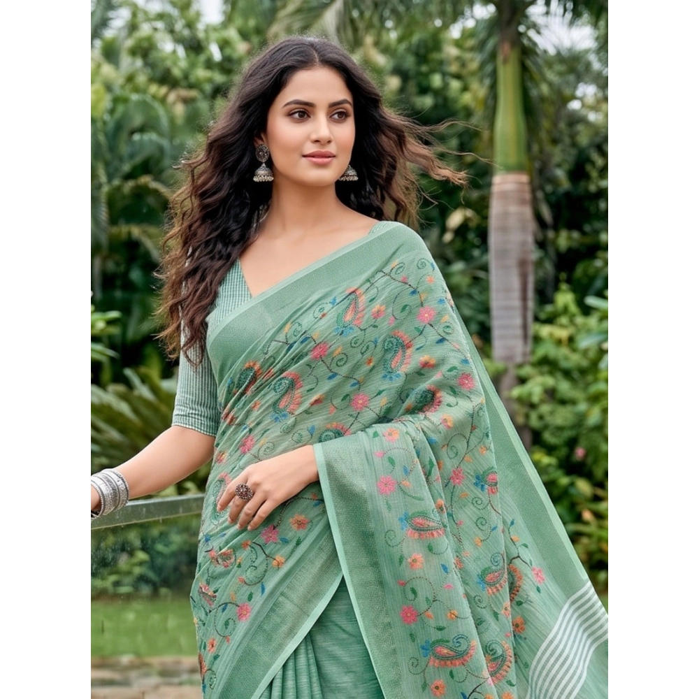 Women's Linen Floral Embroidered Saree with Blouse – Sea Green