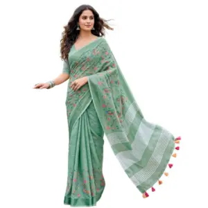 Women's Linen Floral Embroidered Saree with Blouse – Sea Green