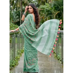 Women's Linen Floral Embroidered Saree with Blouse – Sea Green