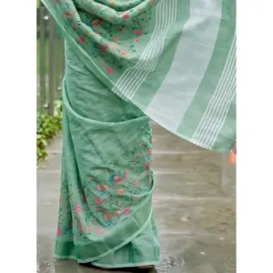 Women's Linen Floral Embroidered Saree with Blouse – Sea Green
