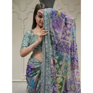 Women's Chiffon Embellished Saree with Blouse – Multicolor