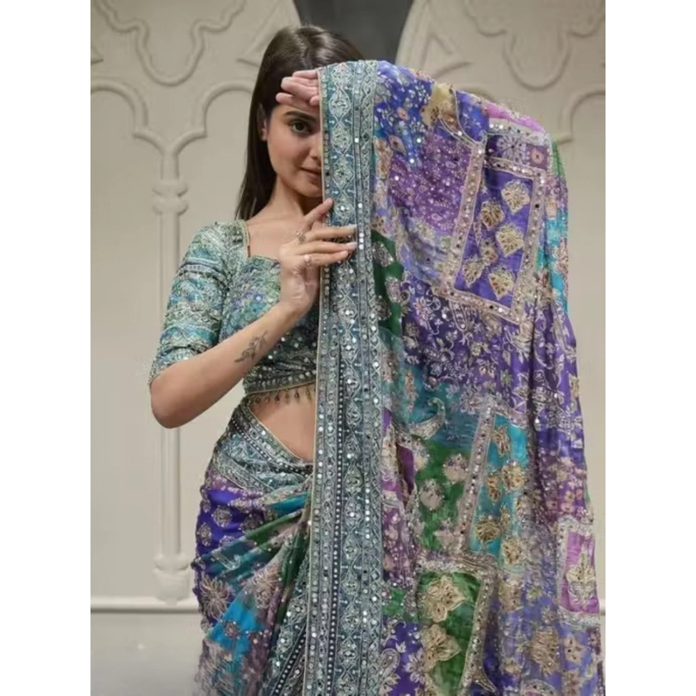 Women's Chiffon Embellished Saree with Blouse – Multicolor