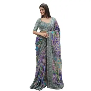 Women's Chiffon Embellished Saree with Blouse – Multicolor
