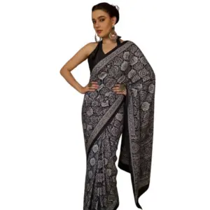 Women's Crepe Printed Saree with Blouse – Black