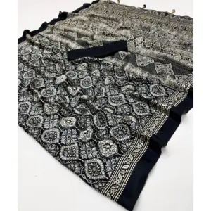 Women's Crepe Printed Saree with Blouse – Black